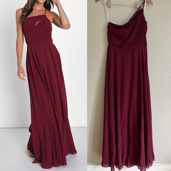 Extraordinary Elegance Burgundy Pleated One-Shoulder Maxi Dress - Picture 1 of 7